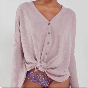 UO Out From Under Waffle Knit Tie Front Top Lilac Small